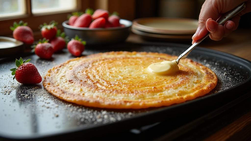 Crêperie artisanale près de Saint-Germain-lès-Corbeil avec des crêpes dorées sortant de la cuisson