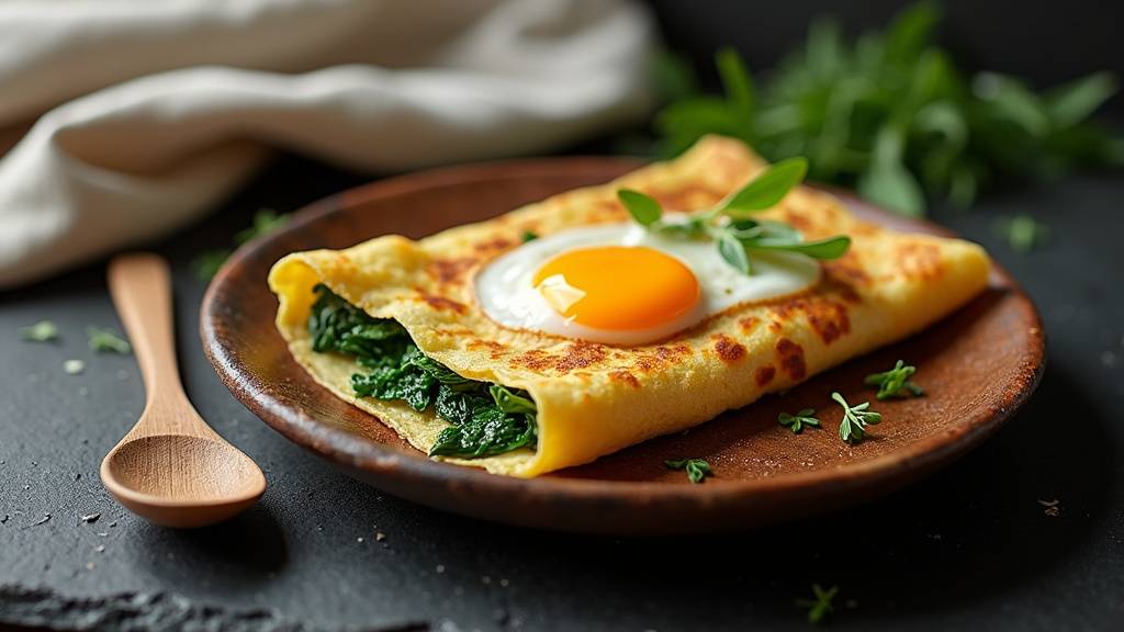 Crêpes salées garnies prêtes à être dégustées avec des ustensiles de cuisine en arrière-plan