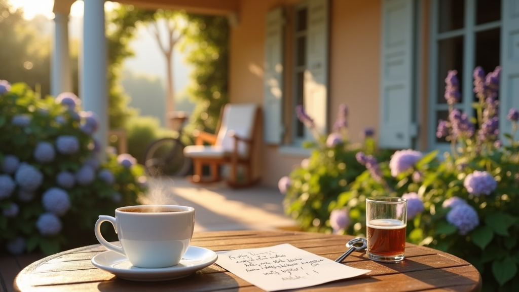 Vue depuis une chambre d'hôtes typique de la région, avec jardin fleuri à l'extérieur