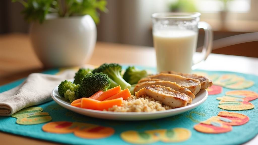 Enfant souriant devant un repas coloré et équilibré