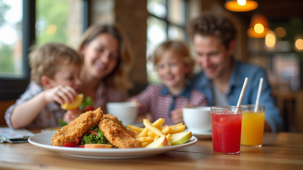 Famille souriante mangeant au restaurant avec un menu enfant à Corbeil-Essonnes