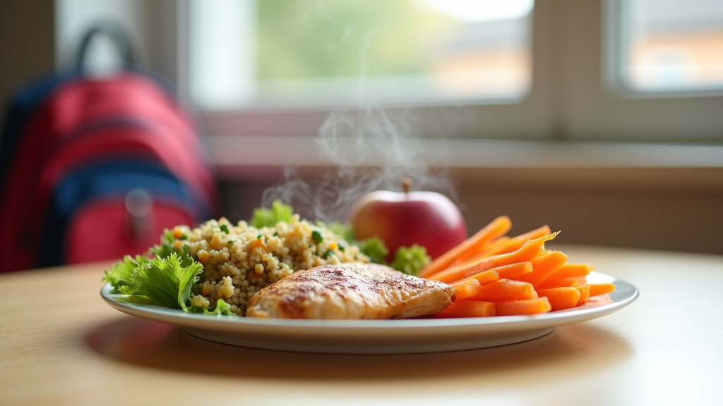 Vue intérieure d'une cantine scolaire moderne avec tables et chaises colorées pour enfants
