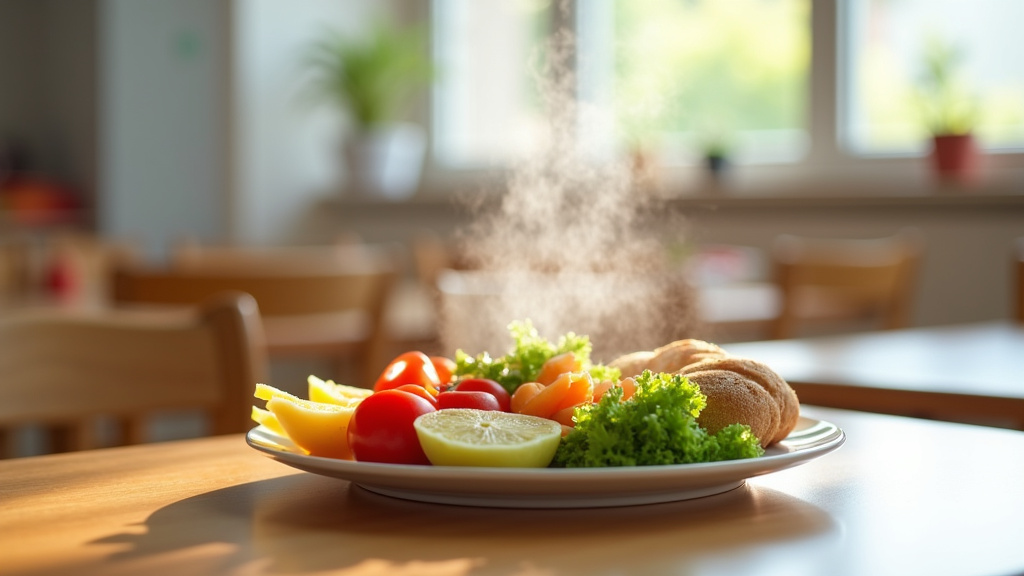 Enfants joyeux mangeant dans une cantine scolaire avec des plats colorés sur leurs plateaux