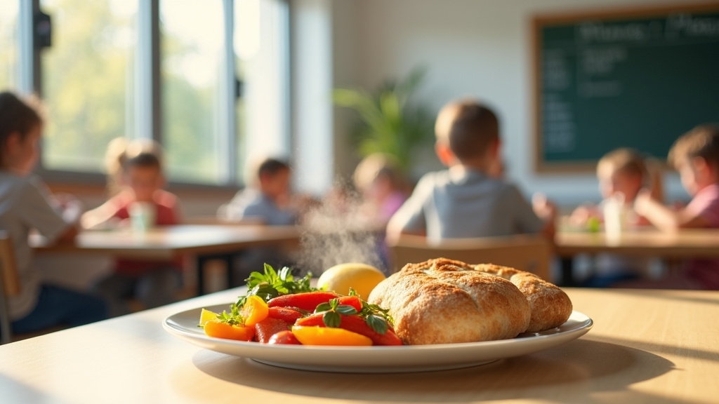 Enfants à table dans une cantine scolaire, tenant leurs assiettes avec des plats colorés