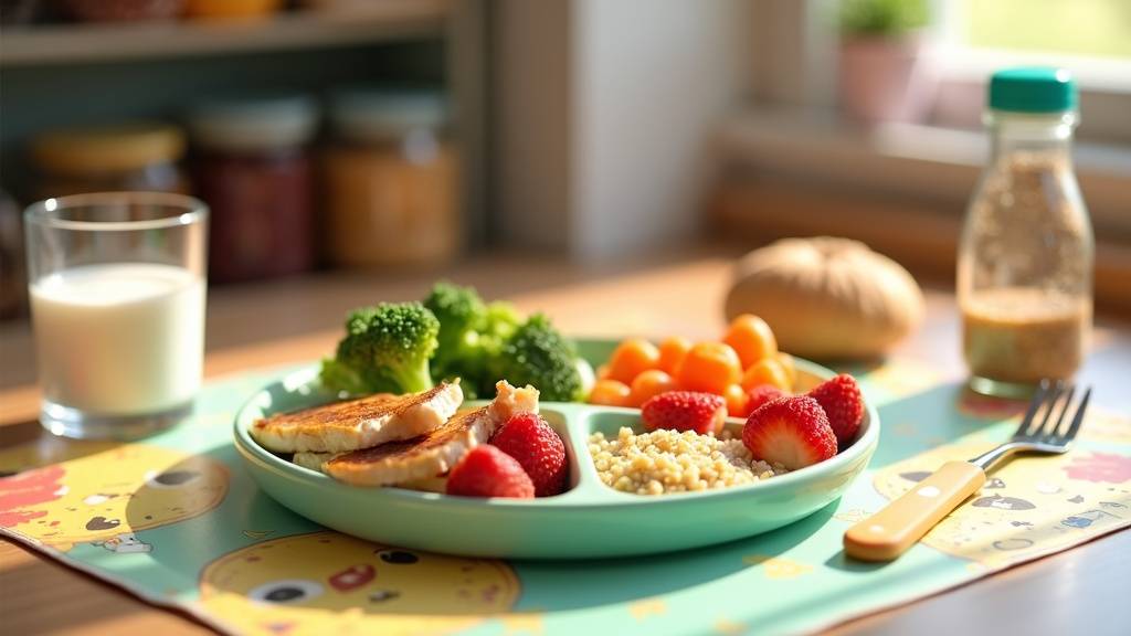 Table familiale avec des plats équilibrés pour enfants - légumes colorés, protéines et céréales complètes