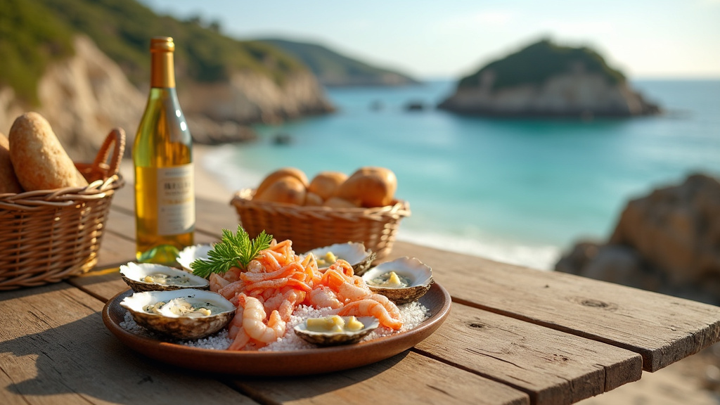 Plateau de fruits de mer frais sur une table en bois avec vue sur la mer