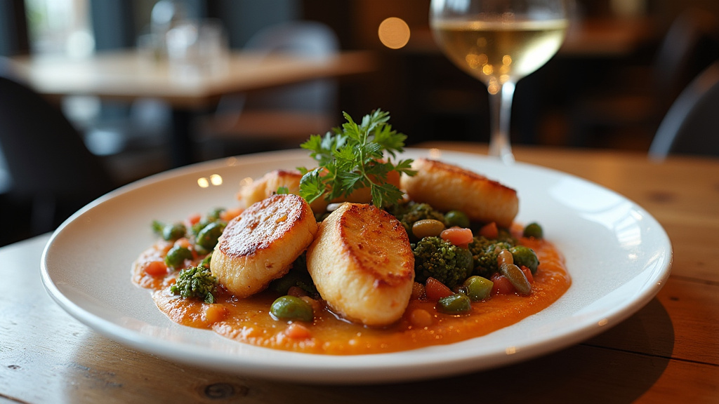 Terrasse de O'Trois avec décoration festive et clients dégustant des plats bistrot