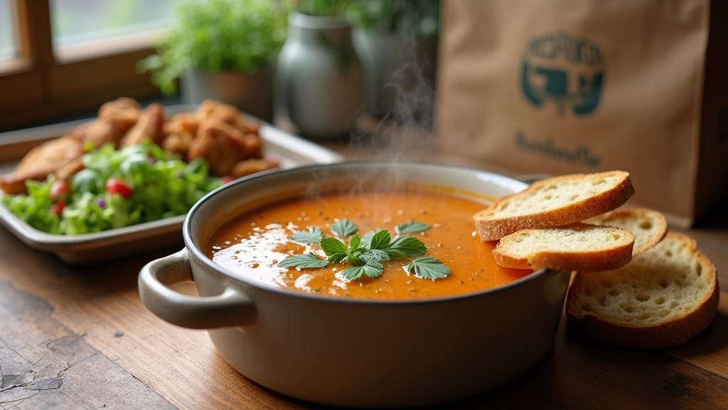 Vue de la ville de Bondoufle avec des illustrations de restaurants et de services de portage de repas