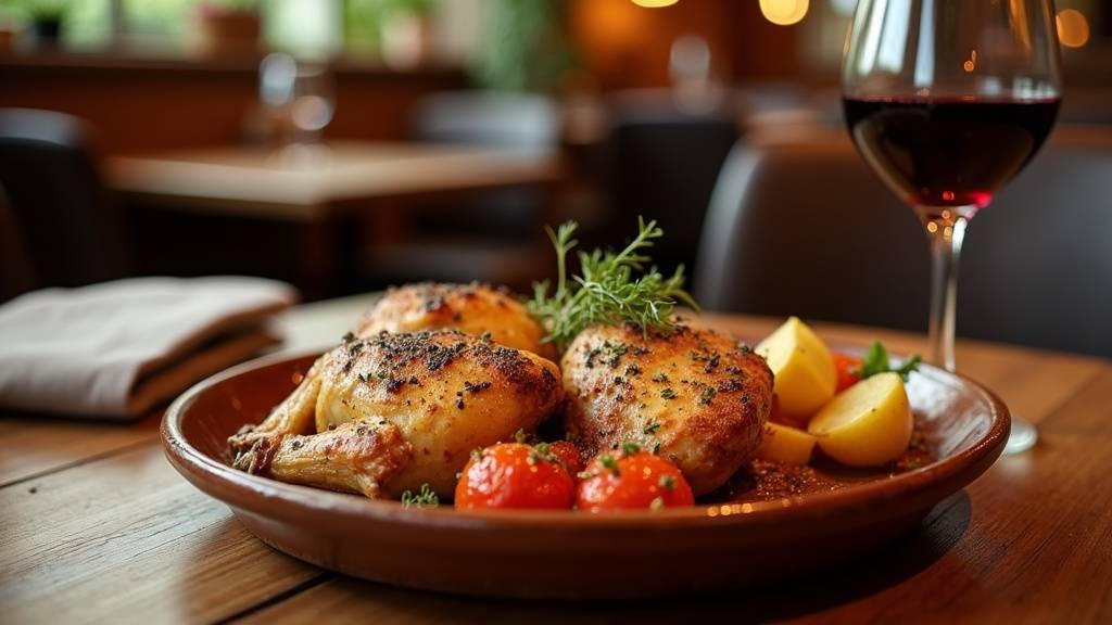 Vue aérienne d'un menu assiette composé de viande grillée, légumes rôtis et riz parfumé