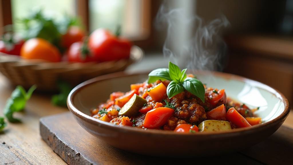 Ingrédients frais disposés sur une planche en bois : légumes de saison, morceaux de viande et épices