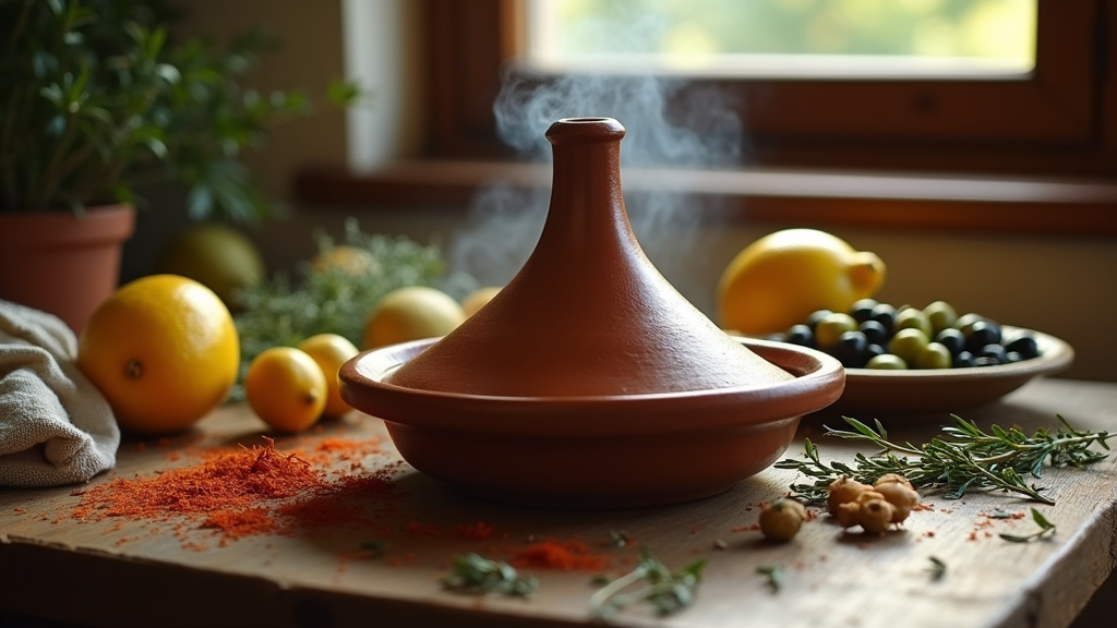Maria en train de cuisiner dans sa cuisine ensoleillée avec des ingrédients frais
