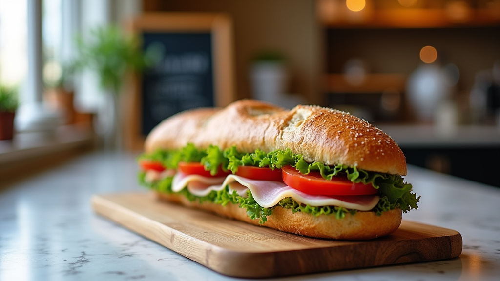 Vue aérienne d'une rue animée d'Évry avec plusieurs enseignes de restaurants et boulangeries proposant des sandwichs