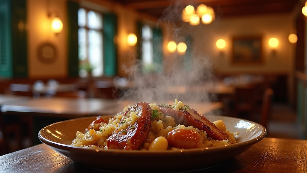 Intérieur d'un restaurant gastronomique strasbourgeois avec une cuisine ouverte
