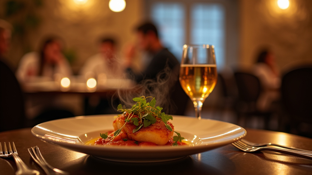 Vue aérienne de Rennes avec des illustrations de restaurants étoilés et des crêperies typiques