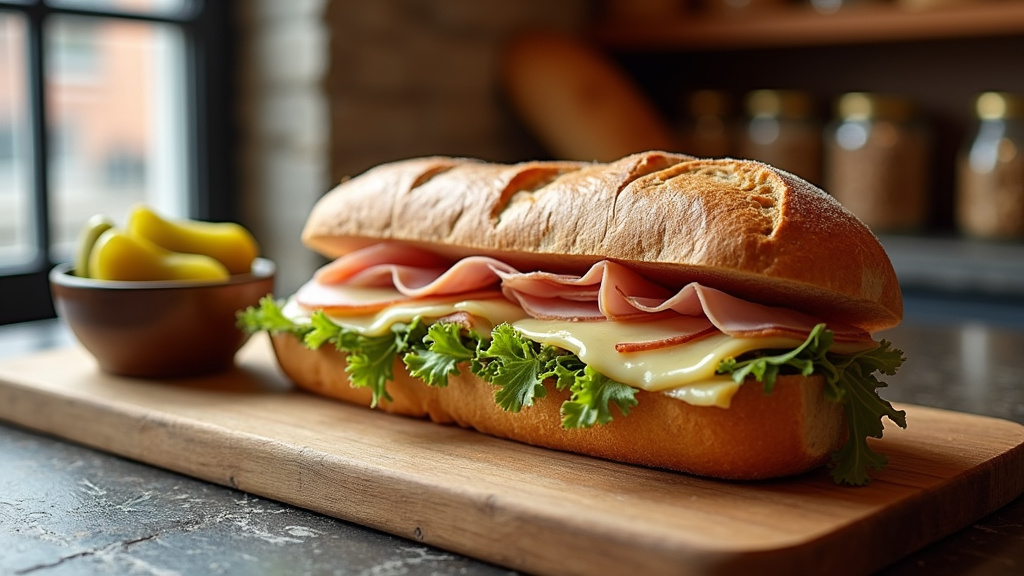 Club sandwich garni avec dinde, bacon, laitue et tomate présenté sur plateau en bois