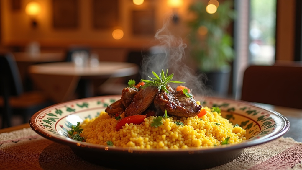 Table dressée avec des plats traditionnels orientaux et des épices aromatiques