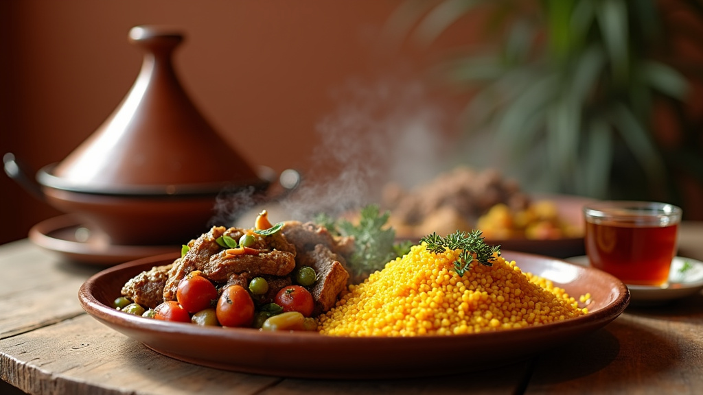 Restaurant marocain avec plats traditionnels et ambiance chaleureuse