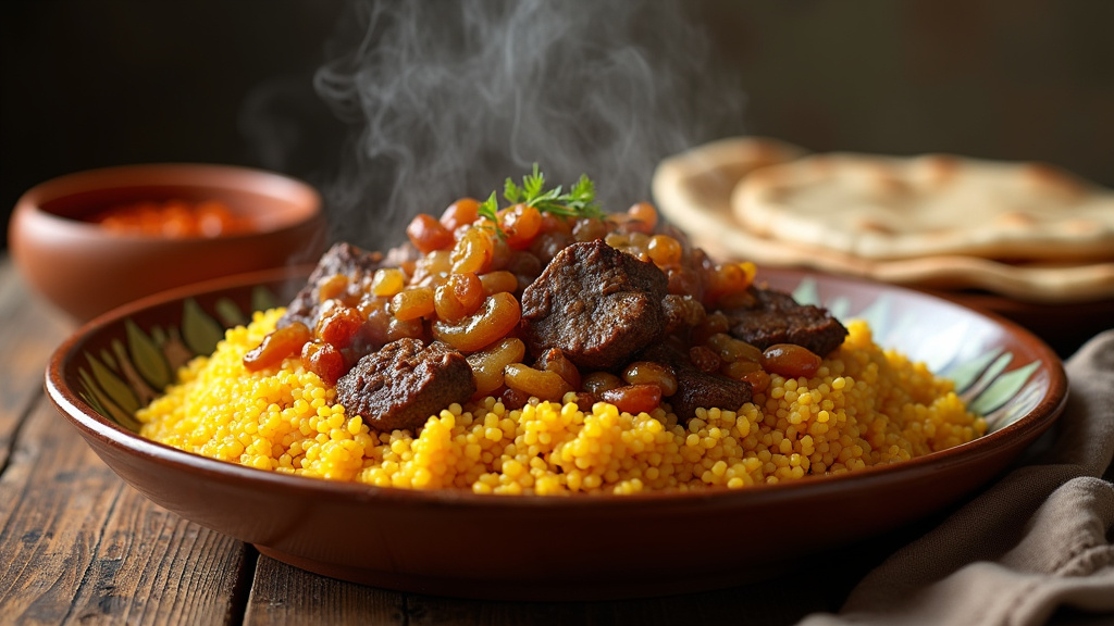 Table garnie de spécialités orientales colorées : tajine, mezze, baklava et thé à la menthe