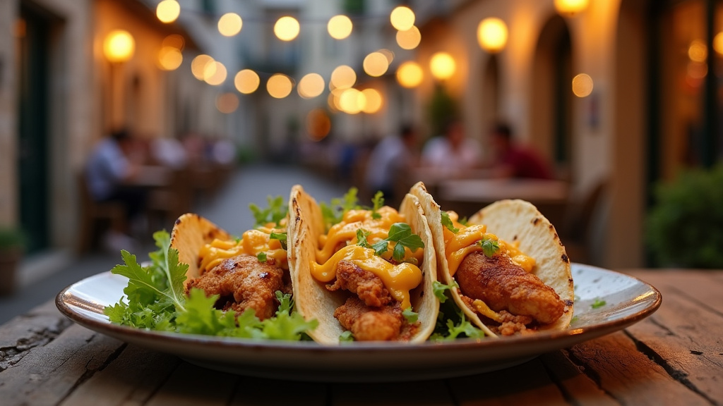 Délicieux tacos français garnis de viande, frites et sauces, servis dans une boulangerie locale
